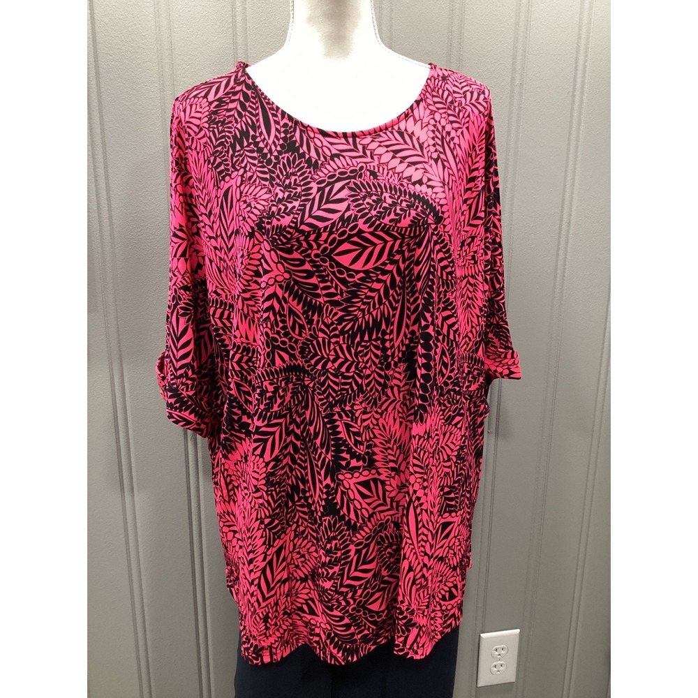 Dear Scarlett Women's XL Pink Black Tropical Leaf‎ Print Dolman Sleeve Top